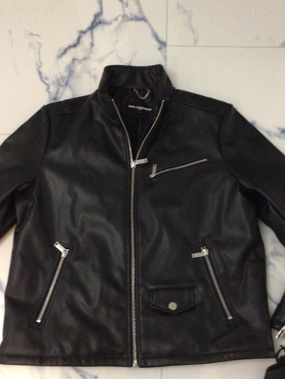 Karl Lagerfeld Black Leather Bomber Jacket with Silver Zippers